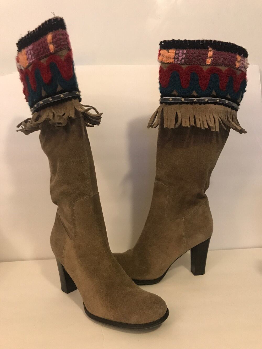 New PAZ Tall Boots Embroidered Tan Leather Suede Size 7